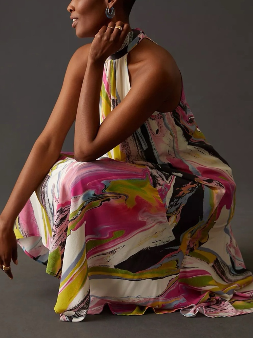 NWT anthropologie 100% silk halter midi dress with multicolor abstract pattern